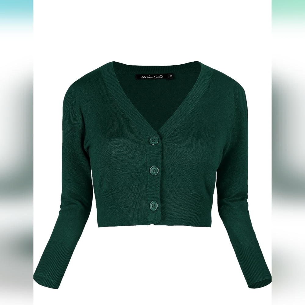 Urban CoCo Women's Cropped Cardigan V-Neck Button Down Sweater 3/4 Sleeve